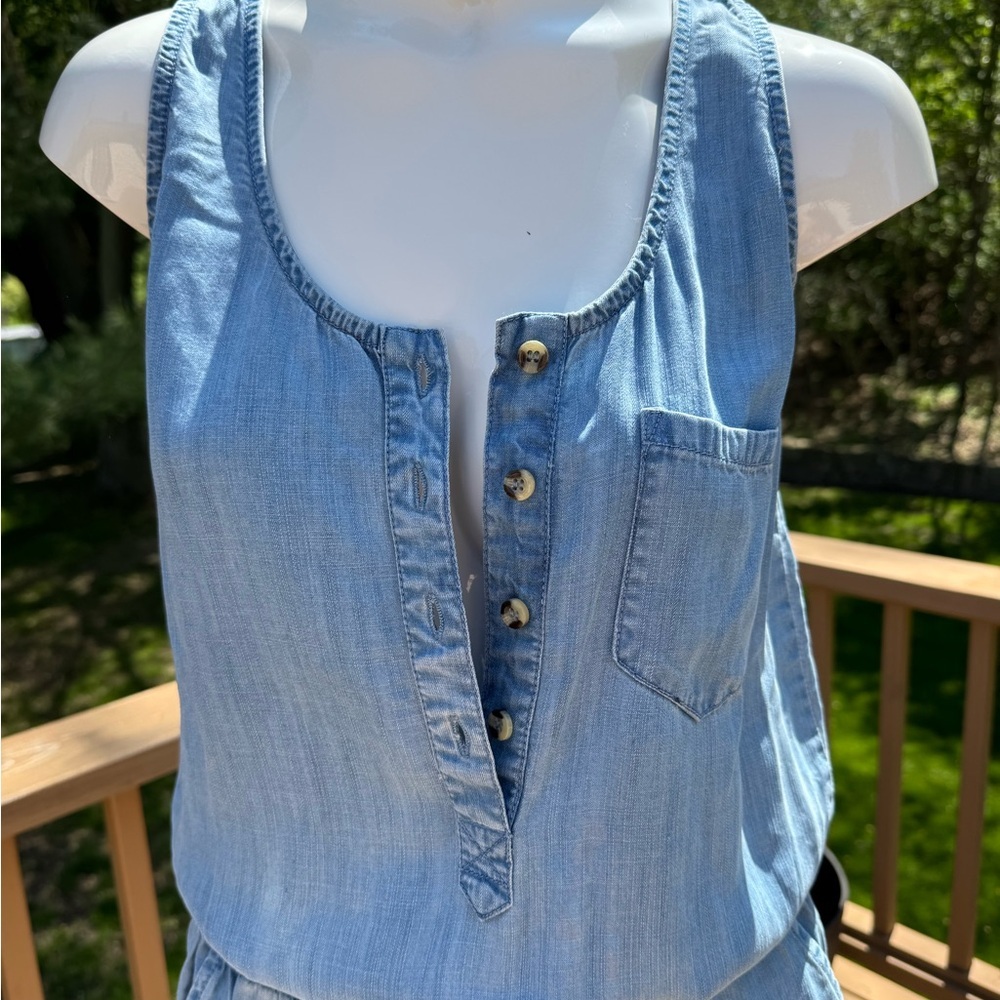 Boston Proper Blue Chambray Jumpsuit Size XS button up front tie elastic waist - Picture 3 of 12